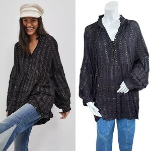 Anthropologie “Quinn” Black Flowy Long Sleeve Boho Gold Sequin Tunic Blouse XL